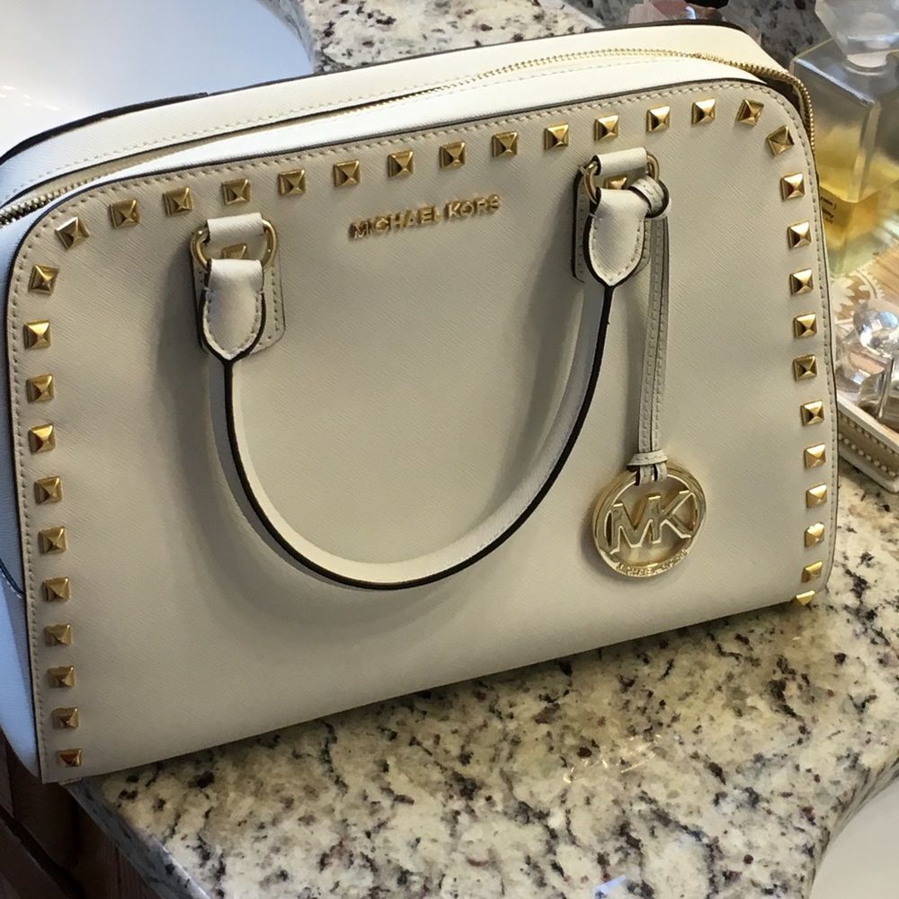 Genuine Michael Kors Large Satchel Handbag Crossbody Studded White - Picture 2 of 6